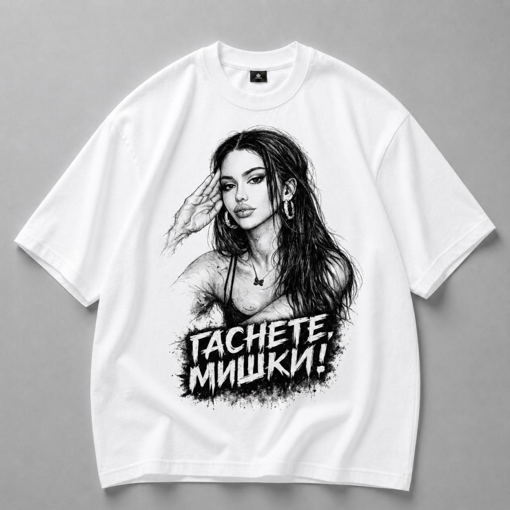 Бяла памучна тениска ГАСНЕТЕ МИШКИ — 1