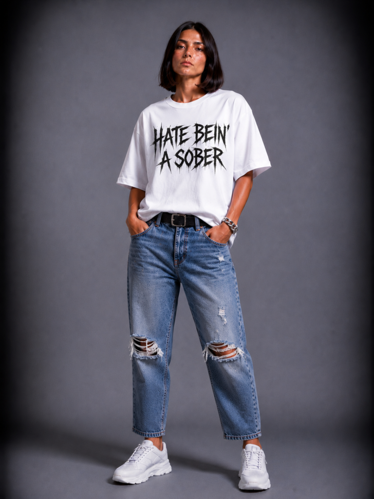 Бяла памучна тениска HATE BEIN' SOBER — 3